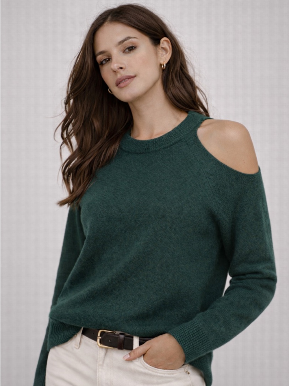 Wythe NY Cashmere Sweater Forest Green Cold Shoulder Right Size Large L